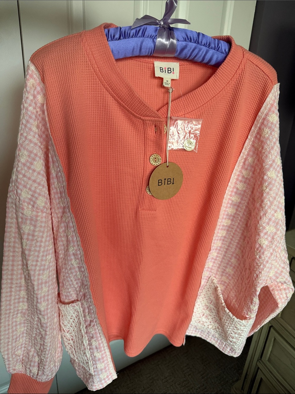 BiBi Coral and Light Pink Knit Pullover with Patterned Sleeves